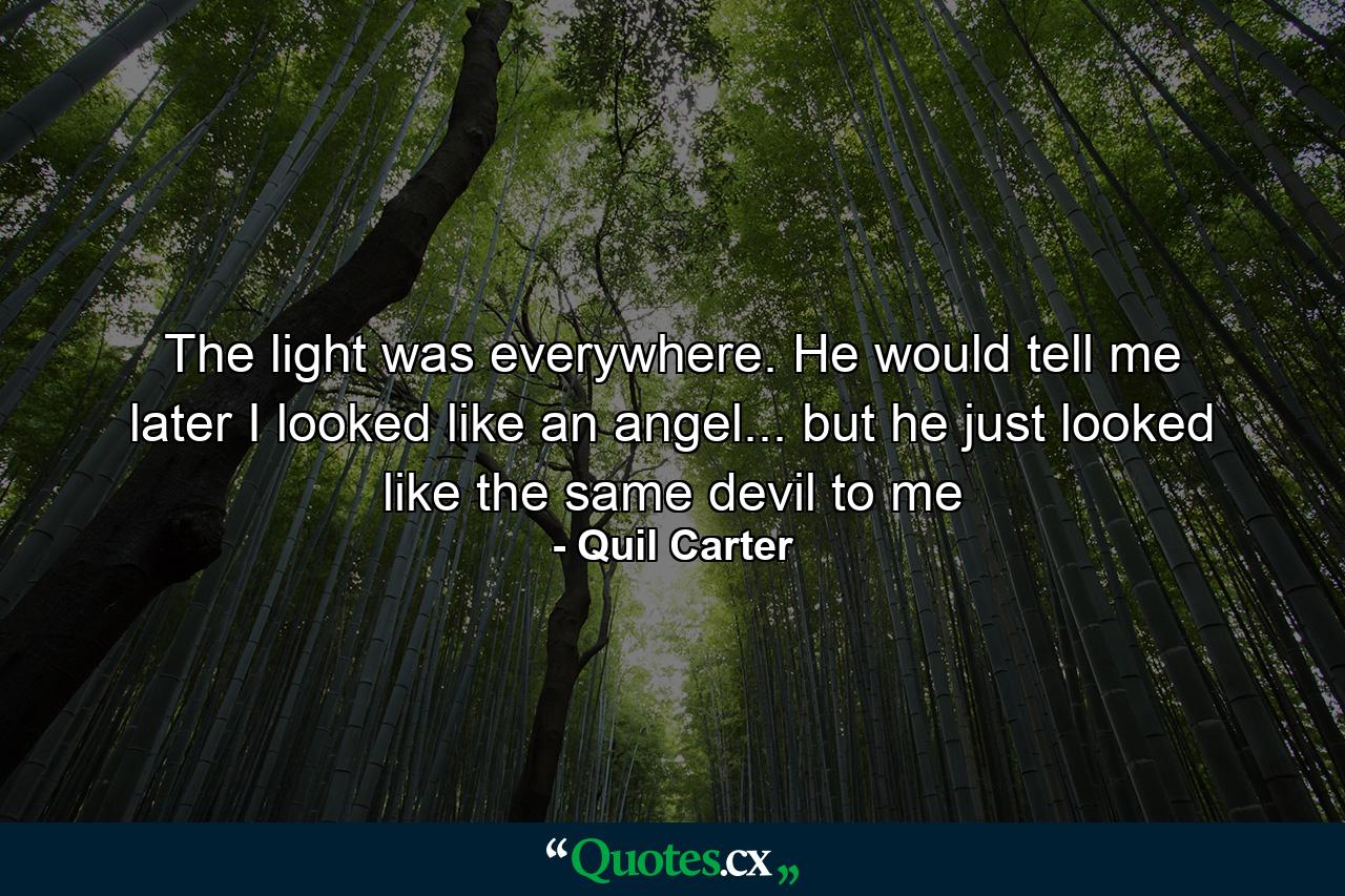 The light was everywhere. He would tell me later I looked like an angel... but he just looked like the same devil to me - Quote by Quil Carter