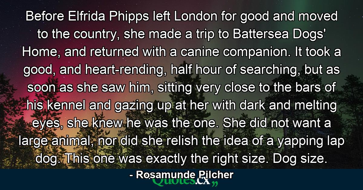 Before Elfrida Phipps left London for good and moved to the country, she made a trip to Battersea Dogs' Home, and returned with a canine companion. It took a good, and heart-rending, half hour of searching, but as soon as she saw him, sitting very close to the bars of his kennel and gazing up at her with dark and melting eyes, she knew he was the one. She did not want a large animal, nor did she relish the idea of a yapping lap dog. This one was exactly the right size. Dog size. - Quote by Rosamunde Pilcher