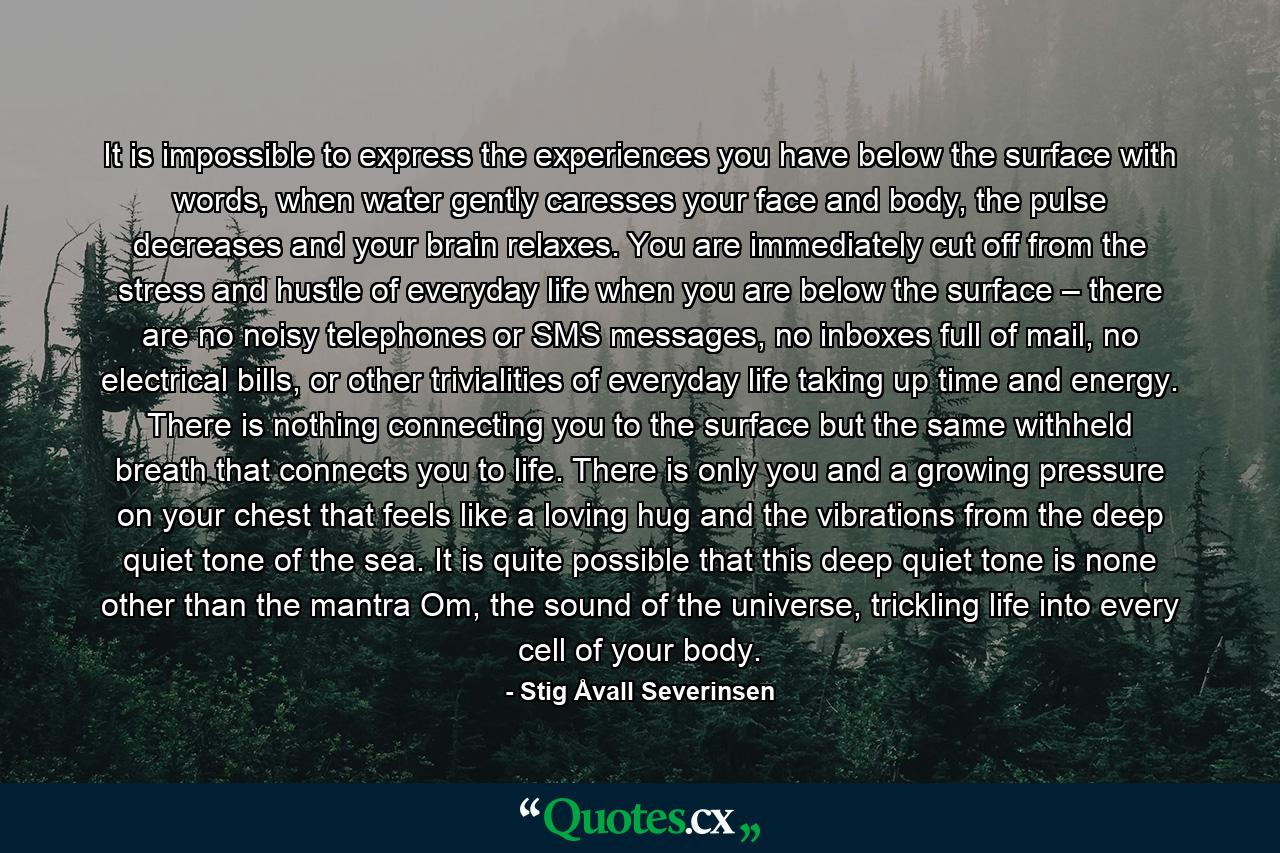 It is impossible to express the experiences you have below the surface with words, when water gently caresses your face and body, the pulse decreases and your brain relaxes. You are immediately cut off from the stress and hustle of everyday life when you are below the surface – there are no noisy telephones or SMS messages, no inboxes full of mail, no electrical bills, or other trivialities of everyday life taking up time and energy. There is nothing connecting you to the surface but the same withheld breath that connects you to life. There is only you and a growing pressure on your chest that feels like a loving hug and the vibrations from the deep quiet tone of the sea. It is quite possible that this deep quiet tone is none other than the mantra Om, the sound of the universe, trickling life into every cell of your body. - Quote by Stig Åvall Severinsen