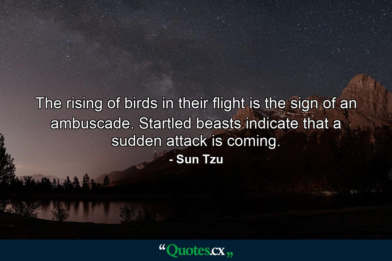 The rising of birds in their flight is the sign of an ambuscade. Startled beasts indicate that a sudden attack is coming. - Quote by Sun Tzu