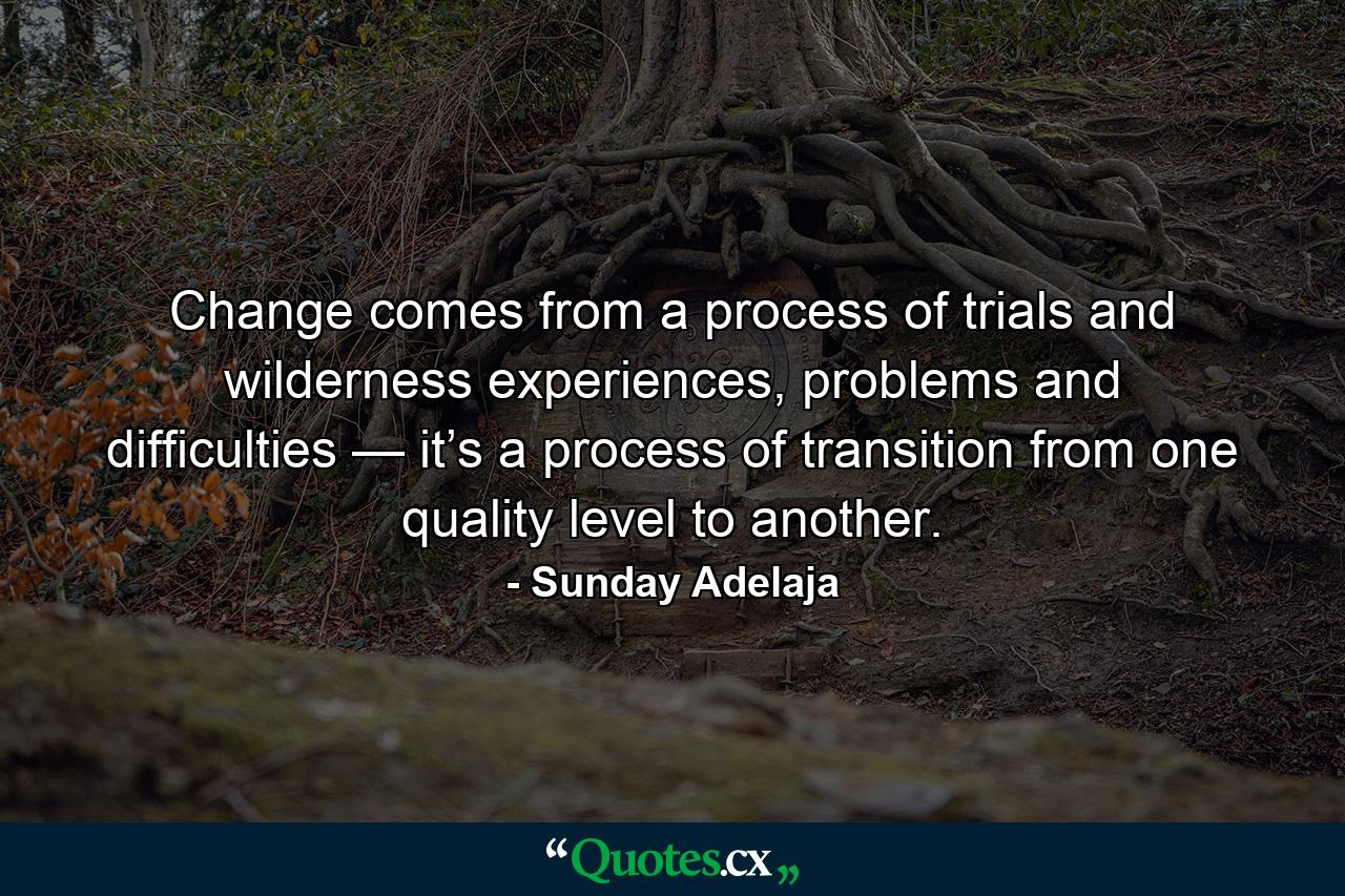 Change comes from a process of trials and wilderness experiences, problems and difficulties — it’s a process of transition from one quality level to another. - Quote by Sunday Adelaja