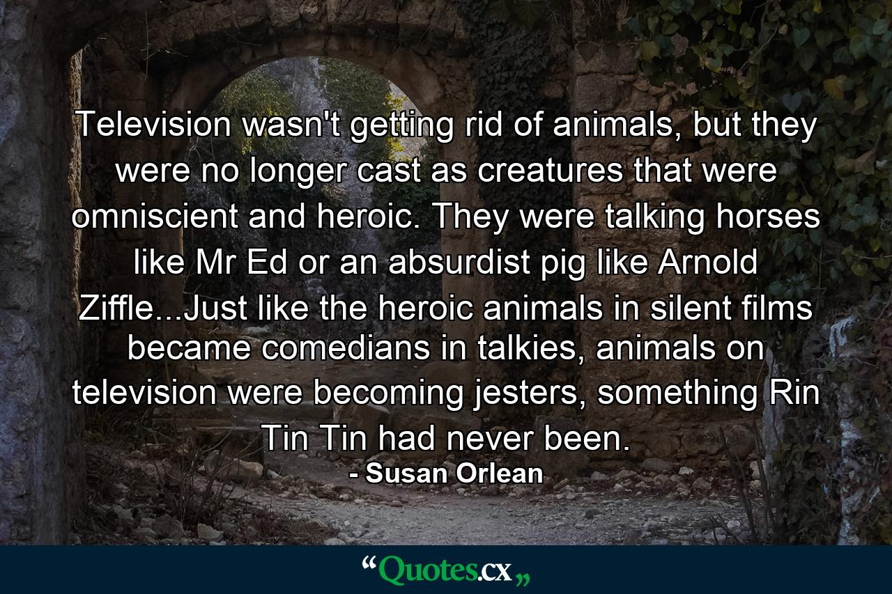 Television wasn't getting rid of animals, but they were no longer cast as creatures that were omniscient and heroic. They were talking horses like Mr Ed or an absurdist pig like Arnold Ziffle...Just like the heroic animals in silent films became comedians in talkies, animals on television were becoming jesters, something Rin Tin Tin had never been. - Quote by Susan Orlean