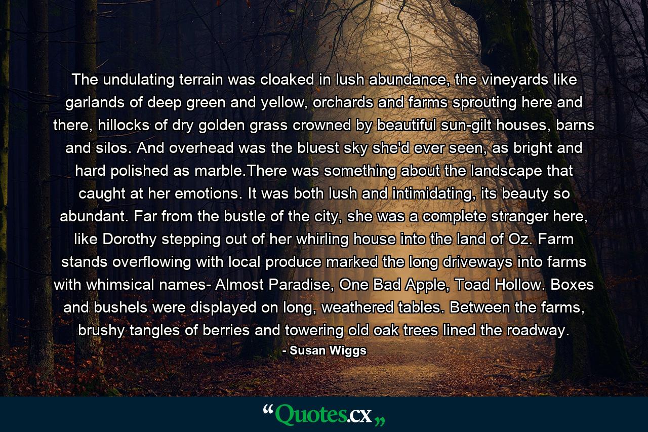 The undulating terrain was cloaked in lush abundance, the vineyards like garlands of deep green and yellow, orchards and farms sprouting here and there, hillocks of dry golden grass crowned by beautiful sun-gilt houses, barns and silos. And overhead was the bluest sky she'd ever seen, as bright and hard polished as marble.There was something about the landscape that caught at her emotions. It was both lush and intimidating, its beauty so abundant. Far from the bustle of the city, she was a complete stranger here, like Dorothy stepping out of her whirling house into the land of Oz. Farm stands overflowing with local produce marked the long driveways into farms with whimsical names- Almost Paradise, One Bad Apple, Toad Hollow. Boxes and bushels were displayed on long, weathered tables. Between the farms, brushy tangles of berries and towering old oak trees lined the roadway. - Quote by Susan Wiggs