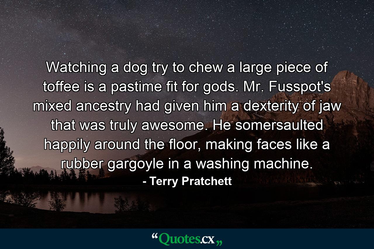 Watching a dog try to chew a large piece of toffee is a pastime fit for gods. Mr. Fusspot's mixed ancestry had given him a dexterity of jaw that was truly awesome. He somersaulted happily around the floor, making faces like a rubber gargoyle in a washing machine. - Quote by Terry Pratchett