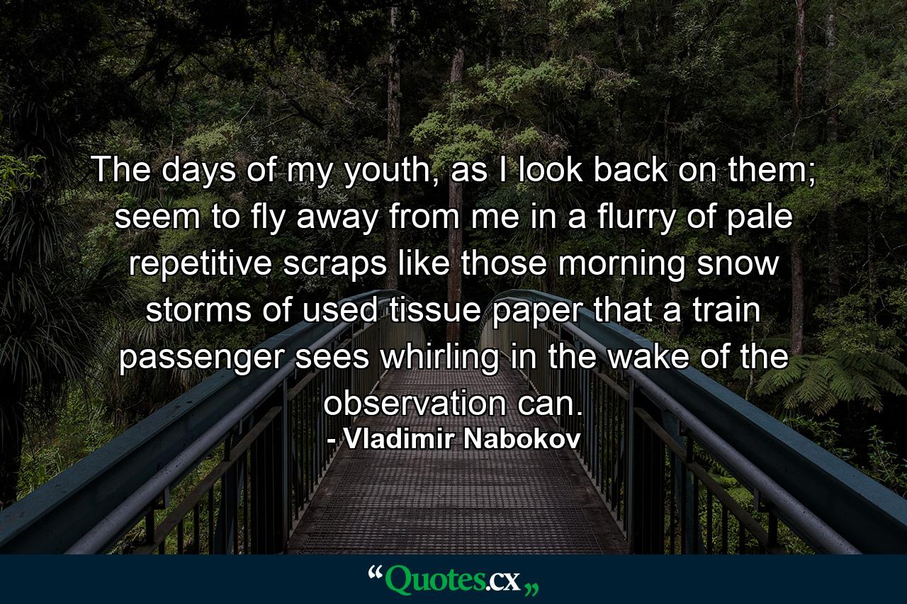 The days of my youth, as I look back on them; seem to fly away from me in a flurry of pale repetitive scraps like those morning snow storms of used tissue paper that a train passenger sees whirling in the wake of the observation can. - Quote by Vladimir Nabokov