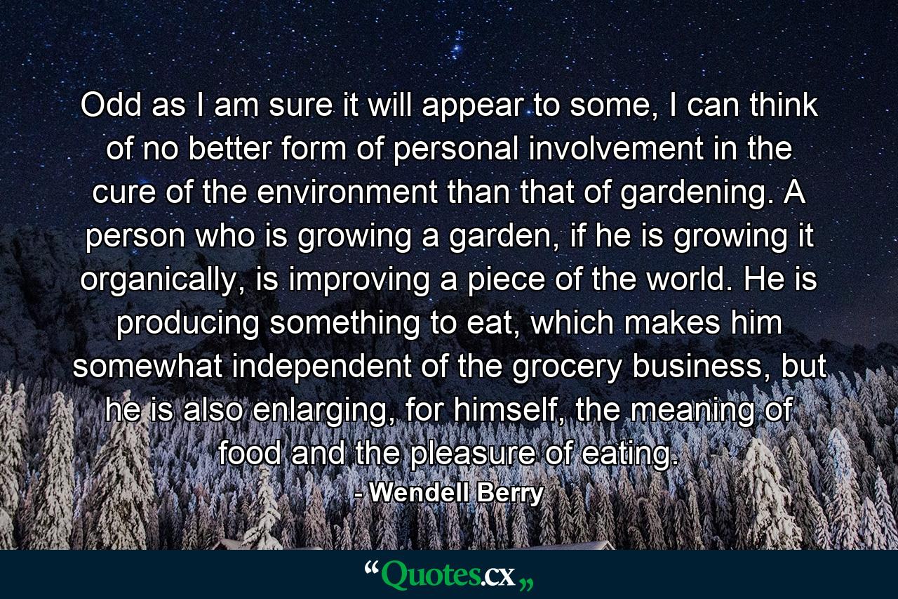 Odd as I am sure it will appear to some, I can think of no better form of personal involvement in the cure of the environment than that of gardening. A person who is growing a garden, if he is growing it organically, is improving a piece of the world. He is producing something to eat, which makes him somewhat independent of the grocery business, but he is also enlarging, for himself, the meaning of food and the pleasure of eating. - Quote by Wendell Berry