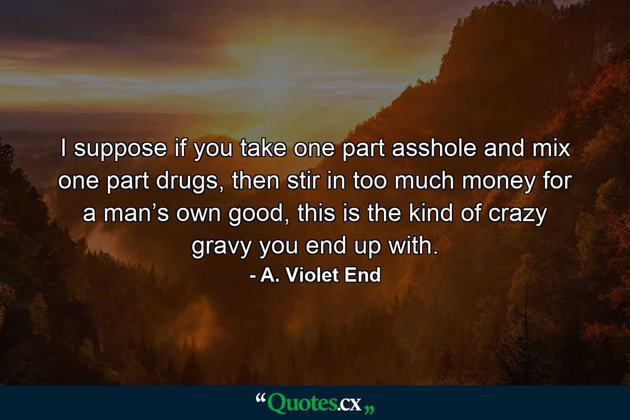 I suppose if you take one part asshole and mix one part drugs, then stir in too much money for a man’s own good, this is the kind of crazy gravy you end up with. - Quote by A. Violet End