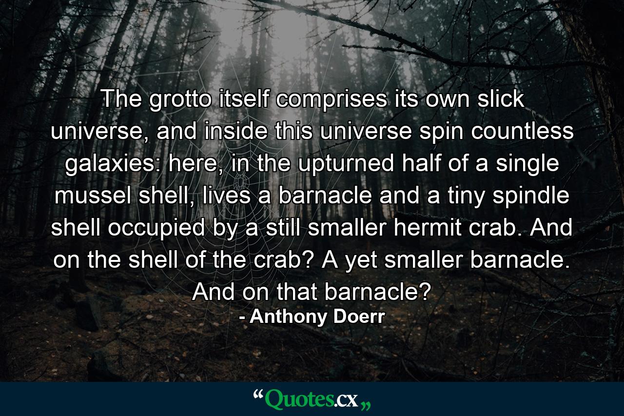 The grotto itself comprises its own slick universe, and inside this universe spin countless galaxies: here, in the upturned half of a single mussel shell, lives a barnacle and a tiny spindle shell occupied by a still smaller hermit crab. And on the shell of the crab? A yet smaller barnacle. And on that barnacle? - Quote by Anthony Doerr