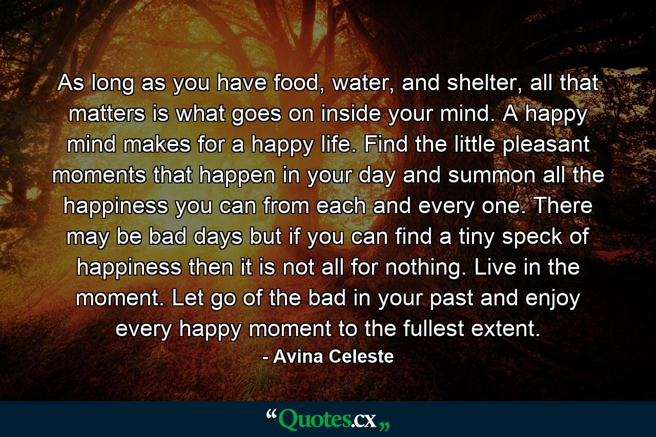 As long as you have food, water, and shelter, all that matters is what goes on inside your mind. A happy mind makes for a happy life. Find the little pleasant moments that happen in your day and summon all the happiness you can from each and every one. There may be bad days but if you can find a tiny speck of happiness then it is not all for nothing. Live in the moment. Let go of the bad in your past and enjoy every happy moment to the fullest extent. - Quote by Avina Celeste