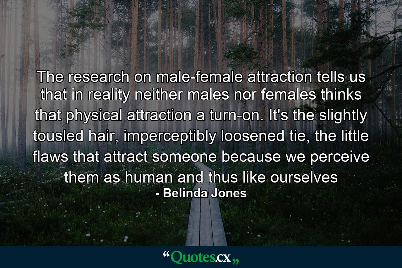 The research on male-female attraction tells us that in reality neither males nor females thinks that physical attraction a turn-on. It's the slightly tousled hair, imperceptibly loosened tie, the little flaws that attract someone because we perceive them as human and thus like ourselves - Quote by Belinda Jones