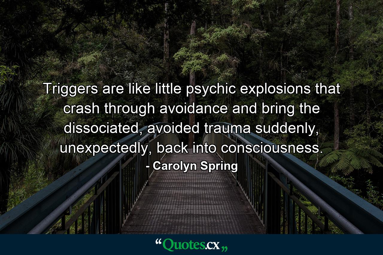 Triggers are like little psychic explosions that crash through avoidance and bring the dissociated, avoided trauma suddenly, unexpectedly, back into consciousness. - Quote by Carolyn Spring