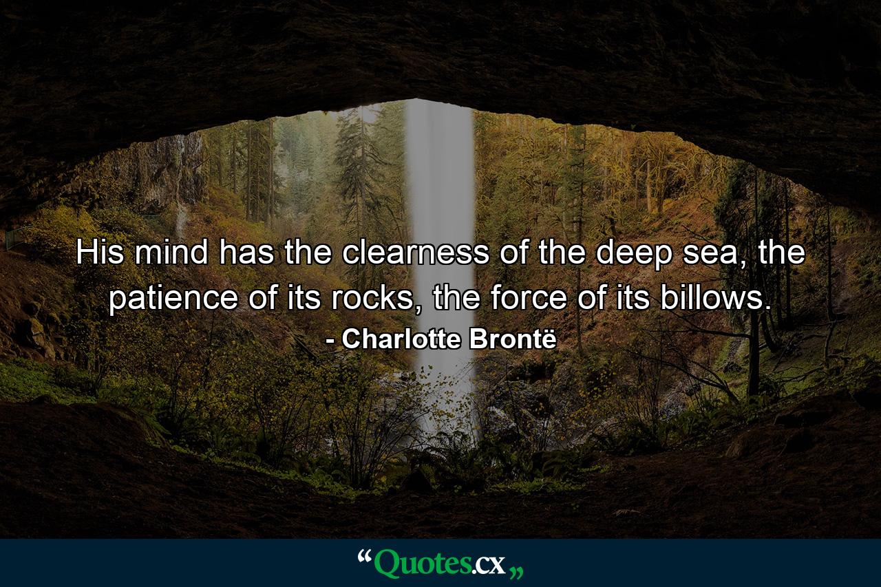 His mind has the clearness of the deep sea, the patience of its rocks, the force of its billows. - Quote by Charlotte Brontë