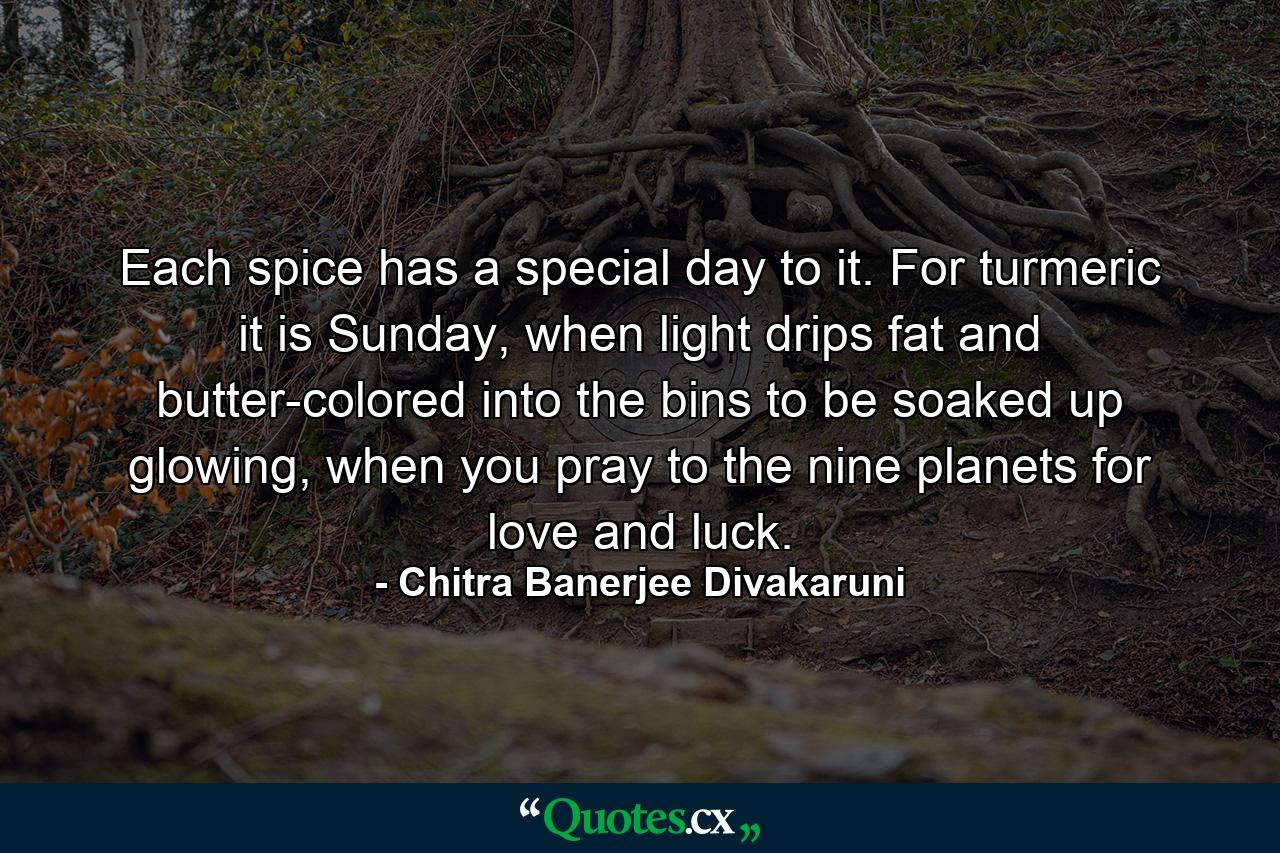 Each spice has a special day to it. For turmeric it is Sunday, when light drips fat and butter-colored into the bins to be soaked up glowing, when you pray to the nine planets for love and luck. - Quote by Chitra Banerjee Divakaruni