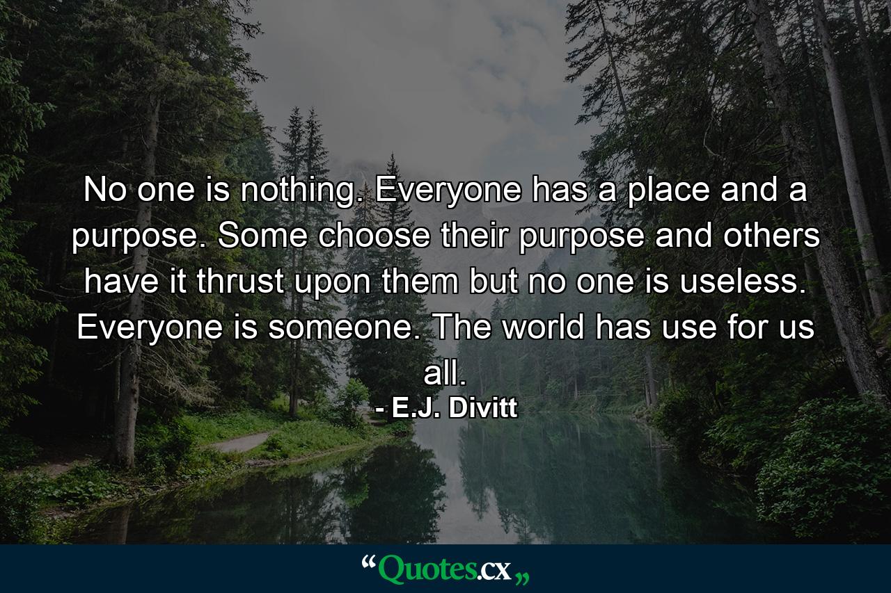 No one is nothing. Everyone has a place and a purpose. Some choose their purpose and others have it thrust upon them but no one is useless. Everyone is someone. The world has use for us all. - Quote by E.J. Divitt