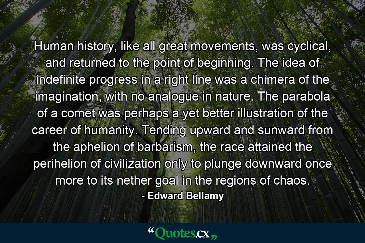 Human history, like all great movements, was cyclical, and returned to the point of beginning. The idea of indefinite progress in a right line was a chimera of the imagination, with no analogue in nature. The parabola of a comet was perhaps a yet better illustration of the career of humanity. Tending upward and sunward from the aphelion of barbarism, the race attained the perihelion of civilization only to plunge downward once more to its nether goal in the regions of chaos. - Quote by Edward Bellamy