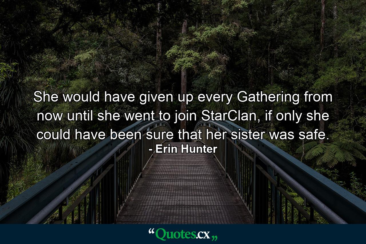 She would have given up every Gathering from now until she went to join StarClan, if only she could have been sure that her sister was safe. - Quote by Erin Hunter