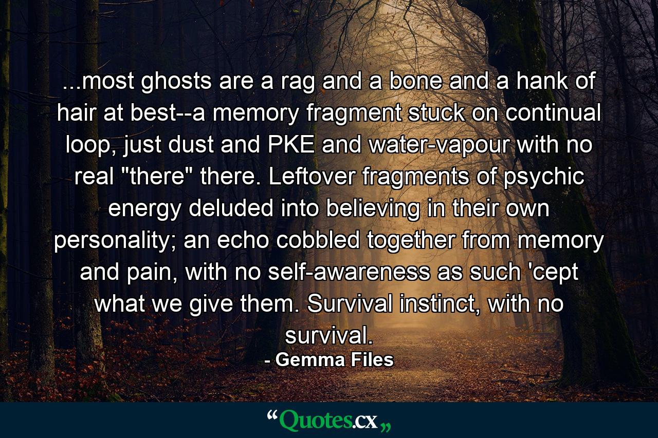 ...most ghosts are a rag and a bone and a hank of hair at best--a memory fragment stuck on continual loop, just dust and PKE and water-vapour with no real 