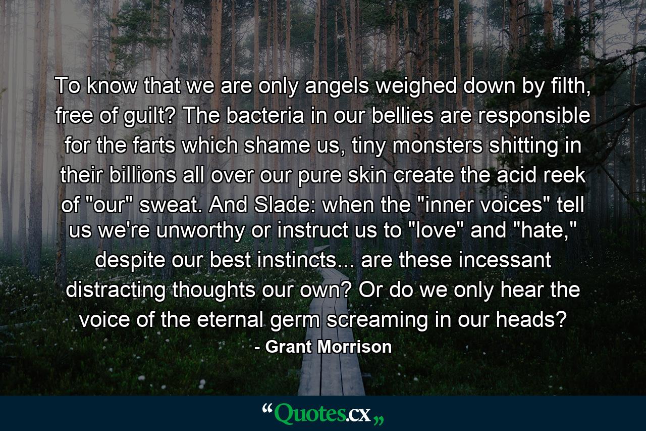 To know that we are only angels weighed down by filth, free of guilt? The bacteria in our bellies are responsible for the farts which shame us, tiny monsters shitting in their billions all over our pure skin create the acid reek of 