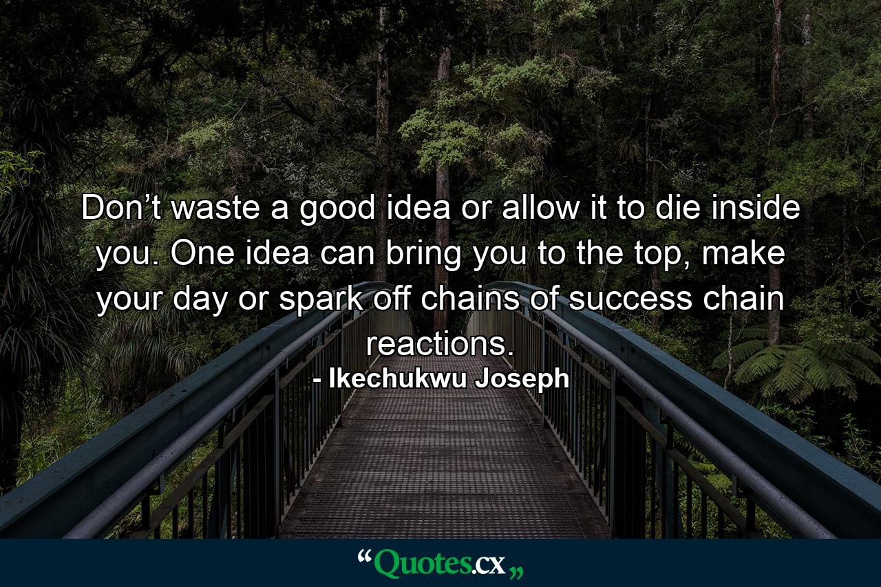 Don’t waste a good idea or allow it to die inside you. One idea can bring you to the top, make your day or spark off chains of success chain reactions. - Quote by Ikechukwu Joseph