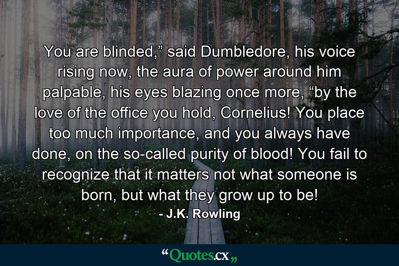 You are blinded,” said Dumbledore, his voice rising now, the aura of power around him palpable, his eyes blazing once more, “by the love of the office you hold, Cornelius! You place too much importance, and you always have done, on the so-called purity of blood! You fail to recognize that it matters not what someone is born, but what they grow up to be! - Quote by J.K. Rowling