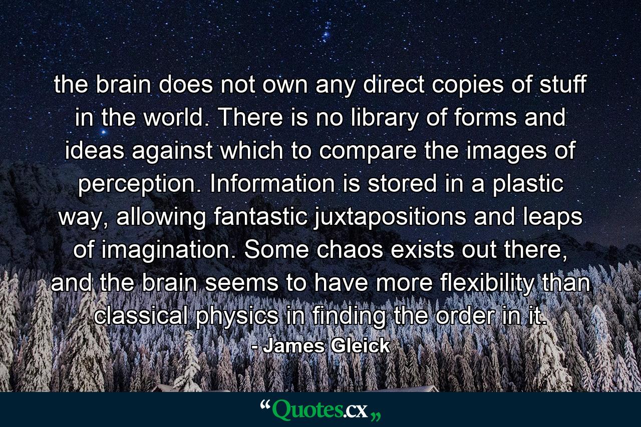 the brain does not own any direct copies of stuff in the world. There is no library of forms and ideas against which to compare the images of perception. Information is stored in a plastic way, allowing fantastic juxtapositions and leaps of imagination. Some chaos exists out there, and the brain seems to have more flexibility than classical physics in finding the order in it. - Quote by James Gleick