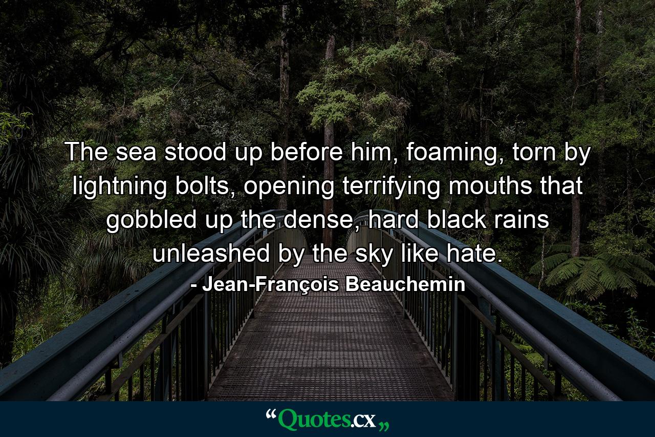 The sea stood up before him, foaming, torn by lightning bolts, opening terrifying mouths that gobbled up the dense, hard black rains unleashed by the sky like hate. - Quote by Jean-François Beauchemin