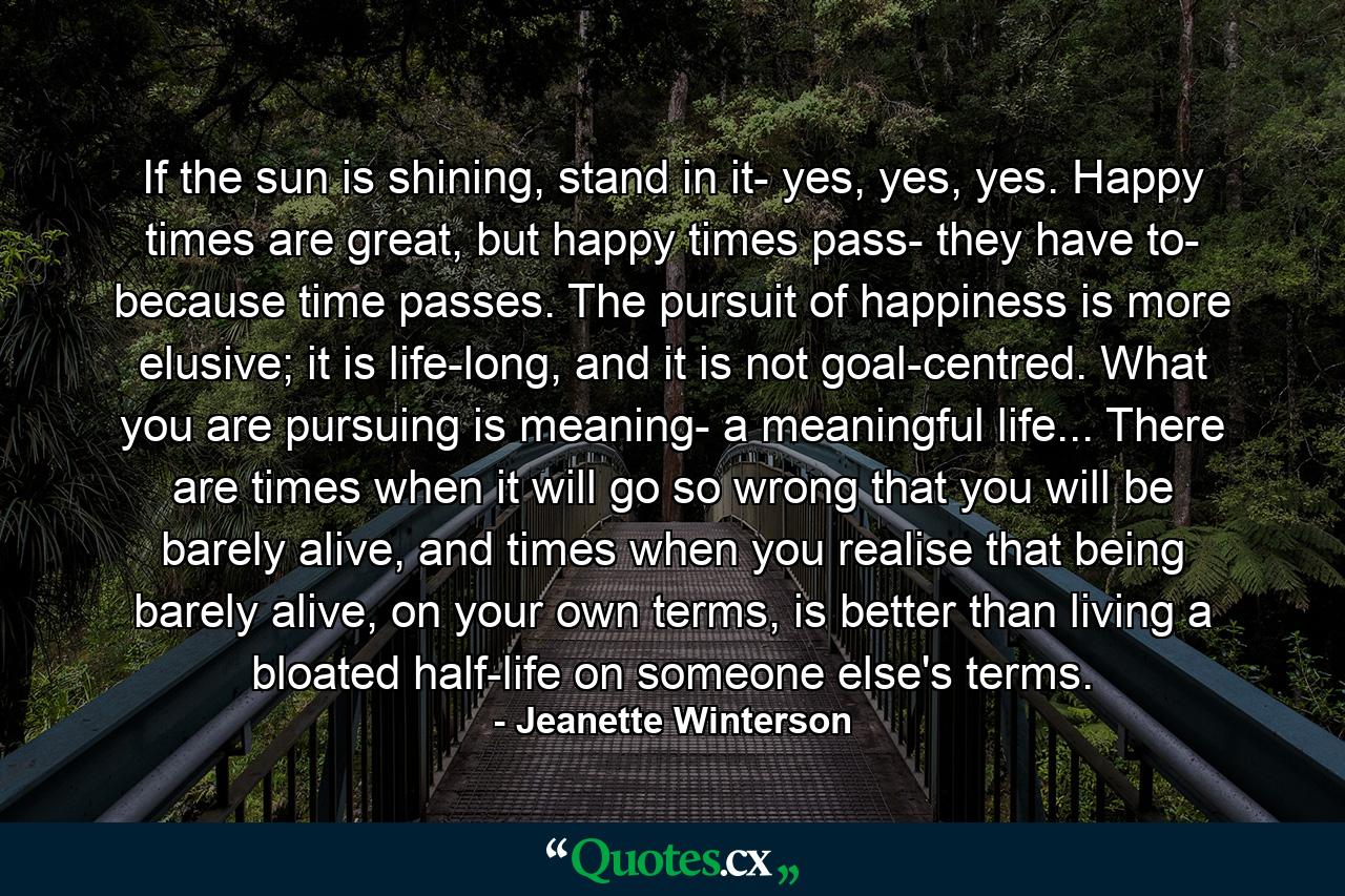 If the sun is shining, stand in it- yes, yes, yes. Happy times are great, but happy times pass- they have to- because time passes. The pursuit of happiness is more elusive; it is life-long, and it is not goal-centred. What you are pursuing is meaning- a meaningful life... There are times when it will go so wrong that you will be barely alive, and times when you realise that being barely alive, on your own terms, is better than living a bloated half-life on someone else's terms. - Quote by Jeanette Winterson