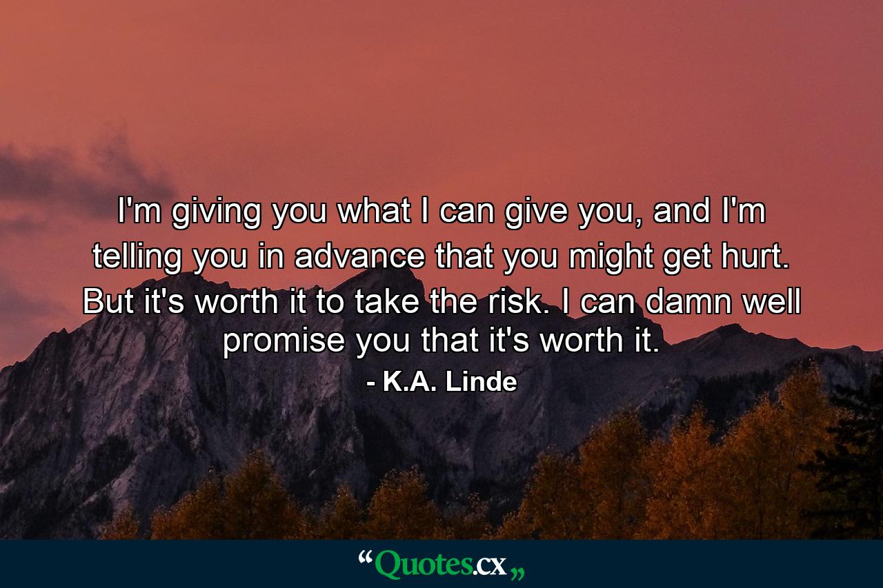 I'm giving you what I can give you, and I'm telling you in advance that you might get hurt. But it's worth it to take the risk. I can damn well promise you that it's worth it. - Quote by K.A. Linde