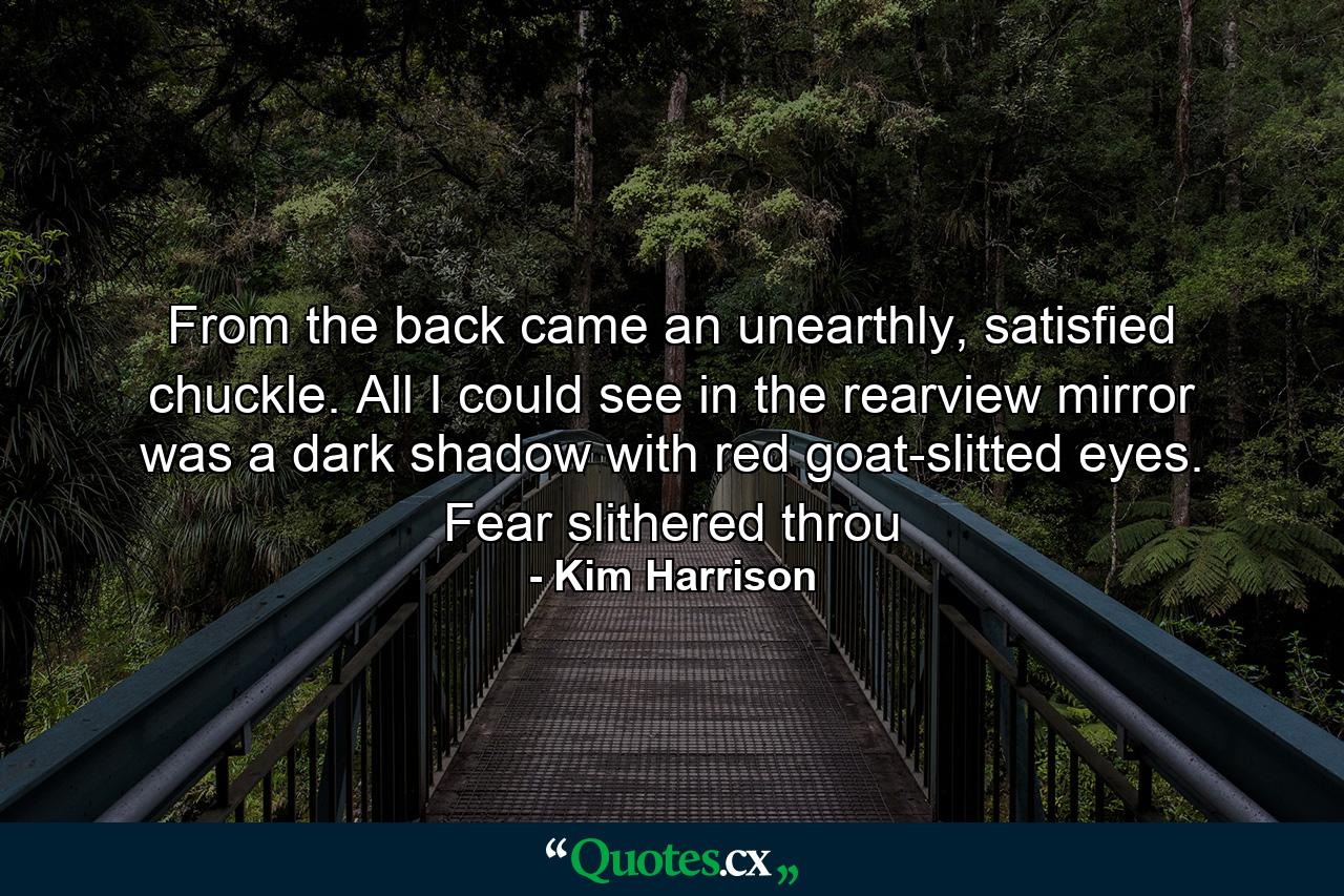 From the back came an unearthly, satisfied chuckle. All I could see in the rearview mirror was a dark shadow with red goat-slitted eyes. Fear slithered throu - Quote by Kim Harrison