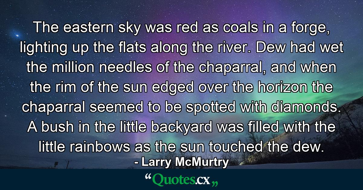 The eastern sky was red as coals in a forge, lighting up the flats along the river. Dew had wet the million needles of the chaparral, and when the rim of the sun edged over the horizon the chaparral seemed to be spotted with diamonds. A bush in the little backyard was filled with the little rainbows as the sun touched the dew. - Quote by Larry McMurtry