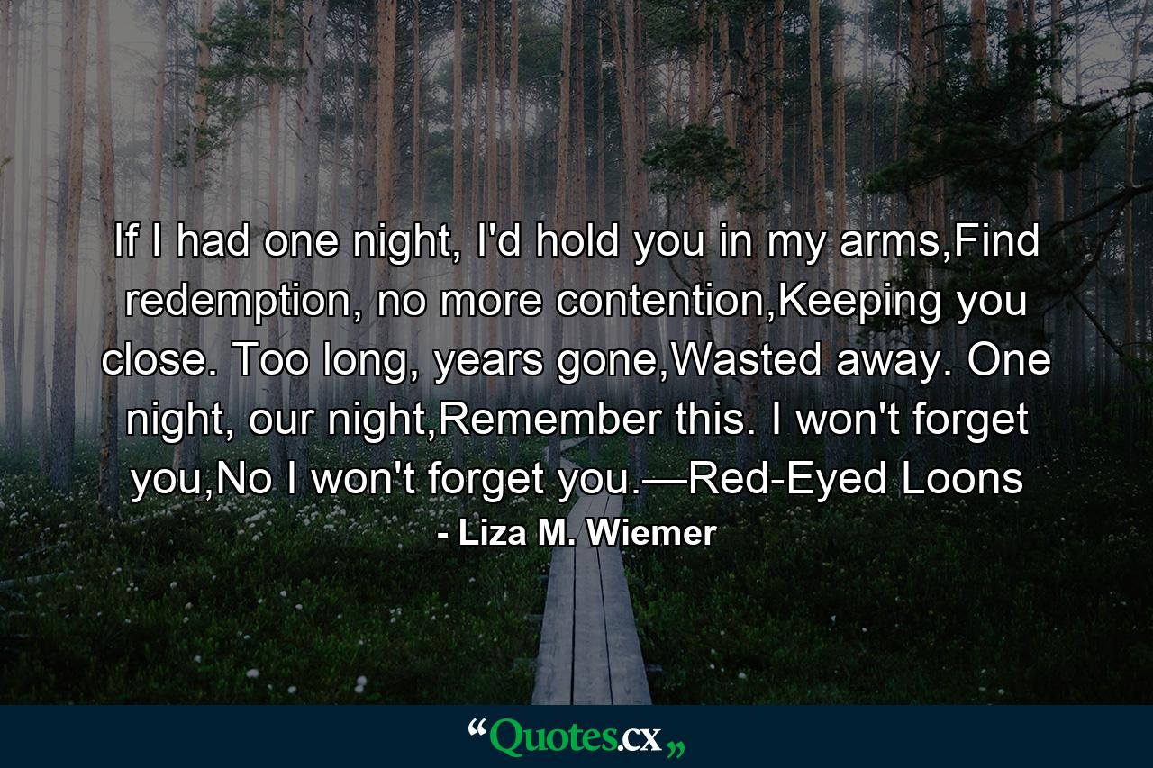 If I had one night, I'd hold you in my arms,Find redemption, no more contention,Keeping you close. Too long, years gone,Wasted away. One night, our night,Remember this. I won't forget you,No I won't forget you.—Red-Eyed Loons - Quote by Liza M. Wiemer