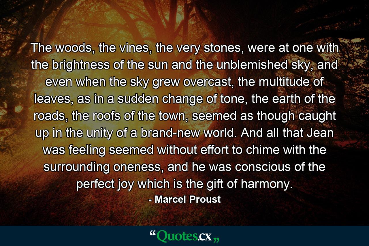 The woods, the vines, the very stones, were at one with the brightness of the sun and the unblemished sky, and even when the sky grew overcast, the multitude of leaves, as in a sudden change of tone, the earth of the roads, the roofs of the town, seemed as though caught up in the unity of a brand-new world. And all that Jean was feeling seemed without effort to chime with the surrounding oneness, and he was conscious of the perfect joy which is the gift of harmony. - Quote by Marcel Proust