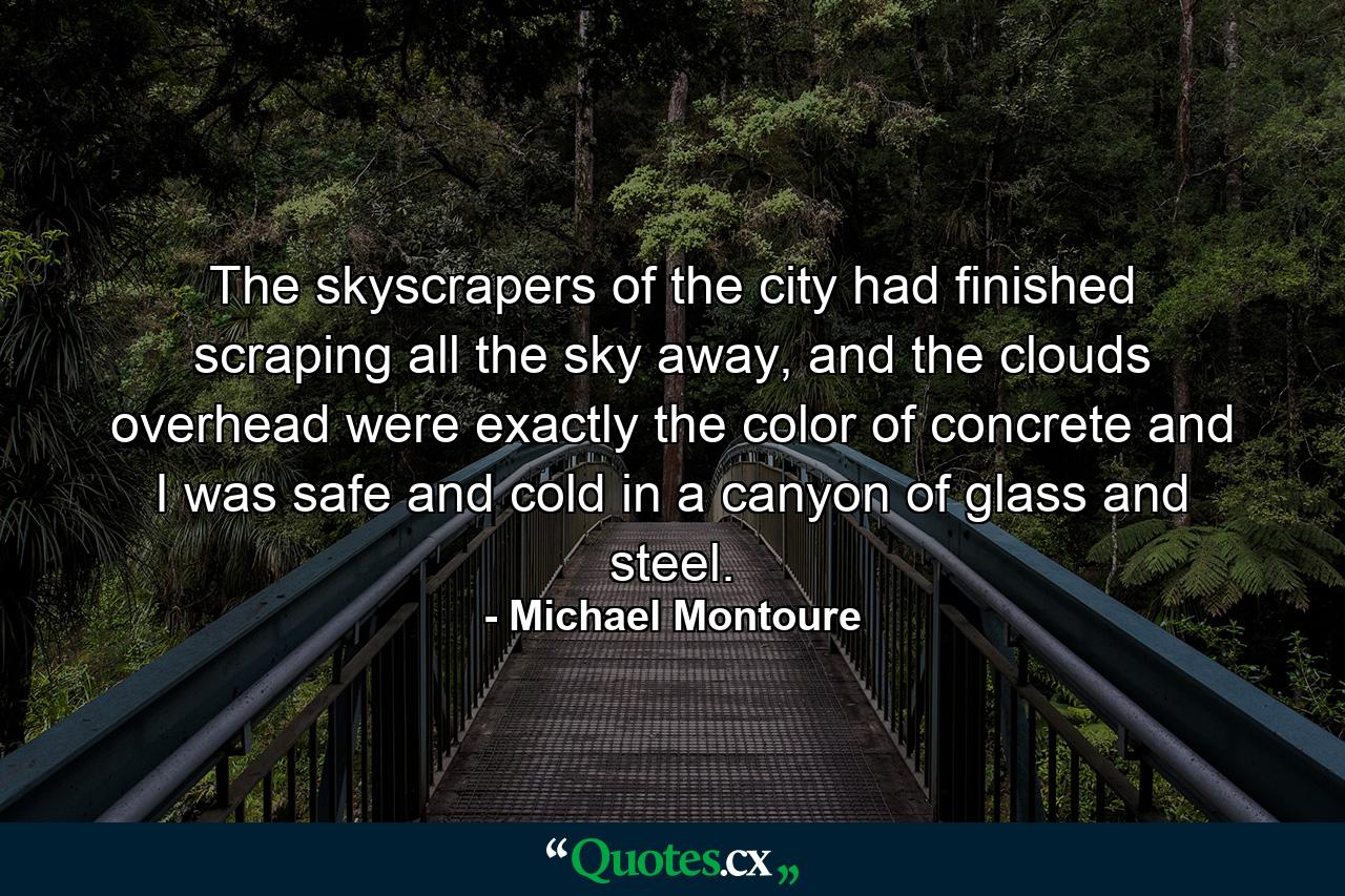 The skyscrapers of the city had finished scraping all the sky away, and the clouds overhead were exactly the color of concrete and I was safe and cold in a canyon of glass and steel. - Quote by Michael Montoure