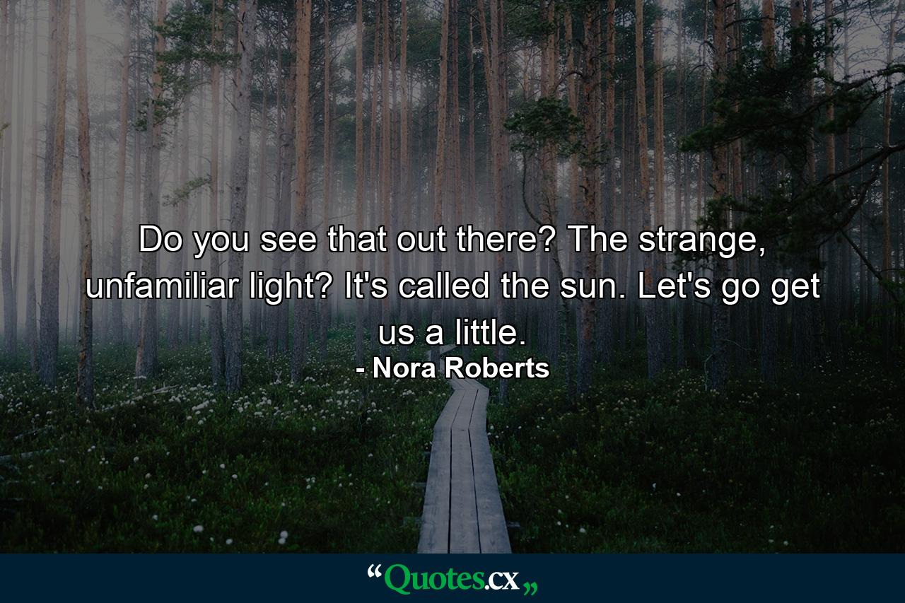 Do you see that out there? The strange, unfamiliar light? It's called the sun. Let's go get us a little. - Quote by Nora Roberts