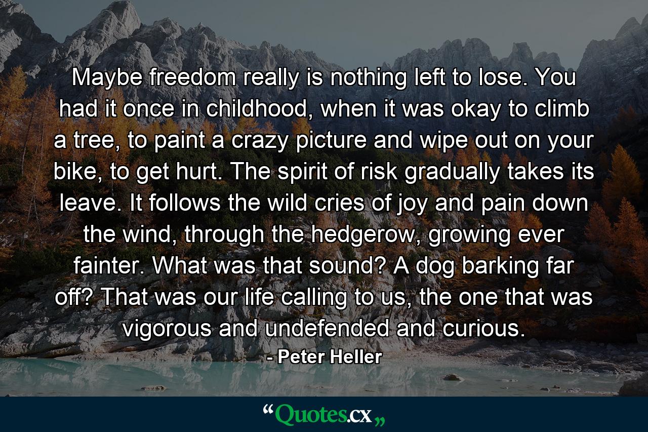 Maybe freedom really is nothing left to lose. You had it once in childhood, when it was okay to climb a tree, to paint a crazy picture and wipe out on your bike, to get hurt. The spirit of risk gradually takes its leave. It follows the wild cries of joy and pain down the wind, through the hedgerow, growing ever fainter. What was that sound? A dog barking far off? That was our life calling to us, the one that was vigorous and undefended and curious. - Quote by Peter Heller