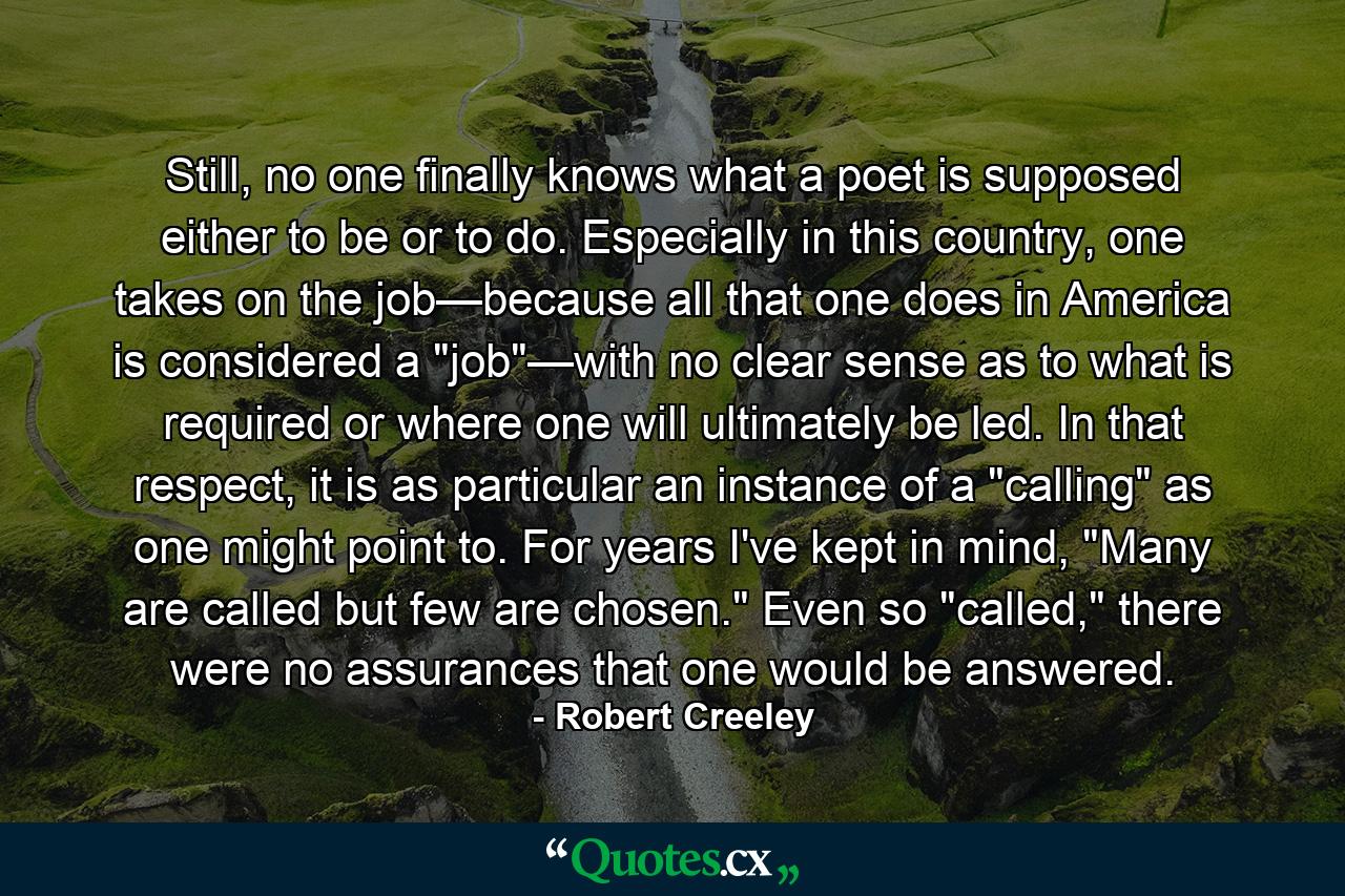 Still, no one finally knows what a poet is supposed either to be or to do. Especially in this country, one takes on the job—because all that one does in America is considered a 