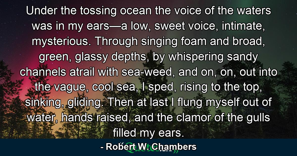 Under the tossing ocean the voice of the waters was in my ears—a low, sweet voice, intimate, mysterious. Through singing foam and broad, green, glassy depths, by whispering sandy channels atrail with sea-weed, and on, on, out into the vague, cool sea, I sped, rising to the top, sinking, gliding. Then at last I flung myself out of water, hands raised, and the clamor of the gulls filled my ears. - Quote by Robert W. Chambers