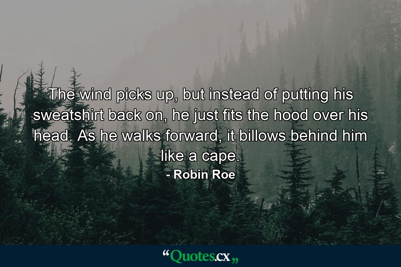 The wind picks up, but instead of putting his sweatshirt back on, he just fits the hood over his head. As he walks forward, it billows behind him like a cape. - Quote by Robin Roe