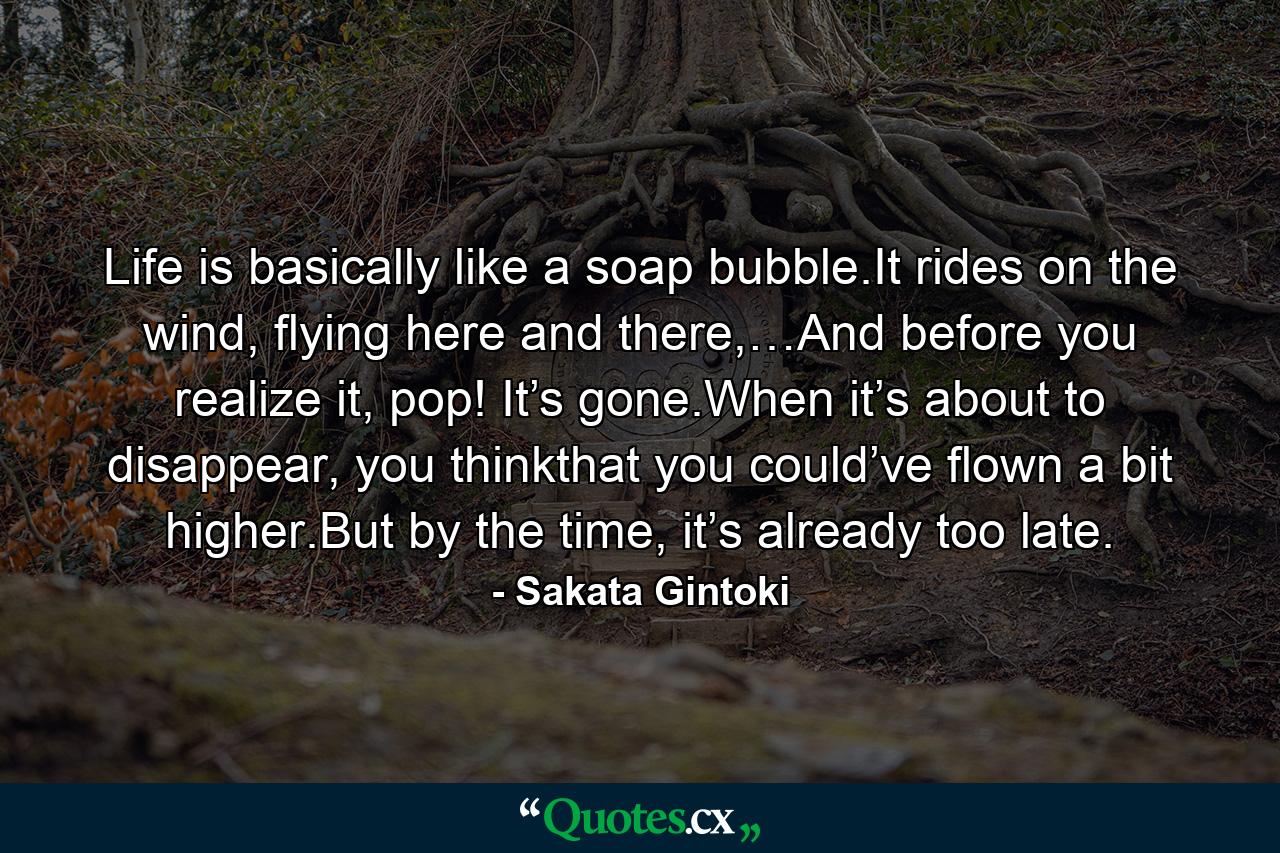 Life is basically like a soap bubble.It rides on the wind, flying here and there,…And before you realize it, pop! It’s gone.When it’s about to disappear, you thinkthat you could’ve flown a bit higher.But by the time, it’s already too late. - Quote by Sakata Gintoki