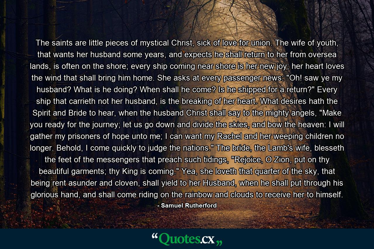 The saints are little pieces of mystical Christ, sick of love for union. The wife of youth, that wants her husband some years, and expects he shall return to her from oversea lands, is often on the shore; every ship coming near shore is her new joy; her heart loves the wind that shall bring him home. She asks at every passenger news: 