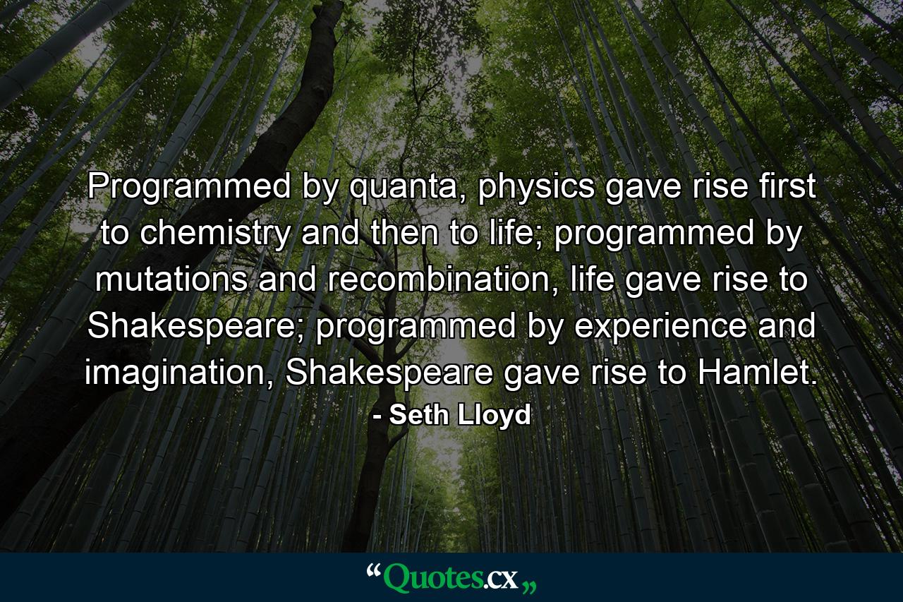 Programmed by quanta, physics gave rise first to chemistry and then to life; programmed by mutations and recombination, life gave rise to Shakespeare; programmed by experience and imagination, Shakespeare gave rise to Hamlet. - Quote by Seth Lloyd