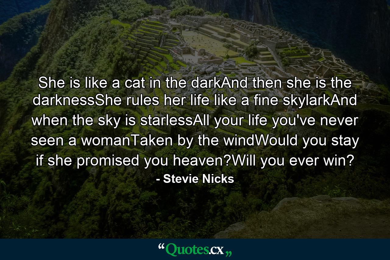 She is like a cat in the darkAnd then she is the darknessShe rules her life like a fine skylarkAnd when the sky is starlessAll your life you've never seen a womanTaken by the windWould you stay if she promised you heaven?Will you ever win? - Quote by Stevie Nicks