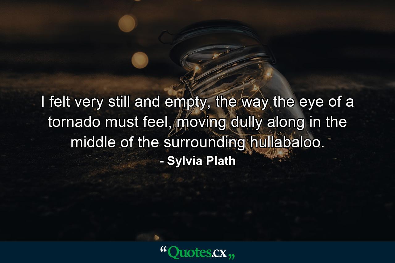 I felt very still and empty, the way the eye of a tornado must feel, moving dully along in the middle of the surrounding hullabaloo. - Quote by Sylvia Plath