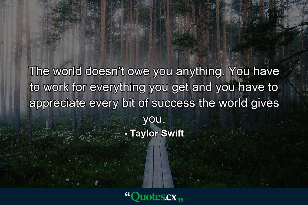 The world doesn’t owe you anything. You have to work for everything you get and you have to appreciate every bit of success the world gives you. - Quote by Taylor Swift