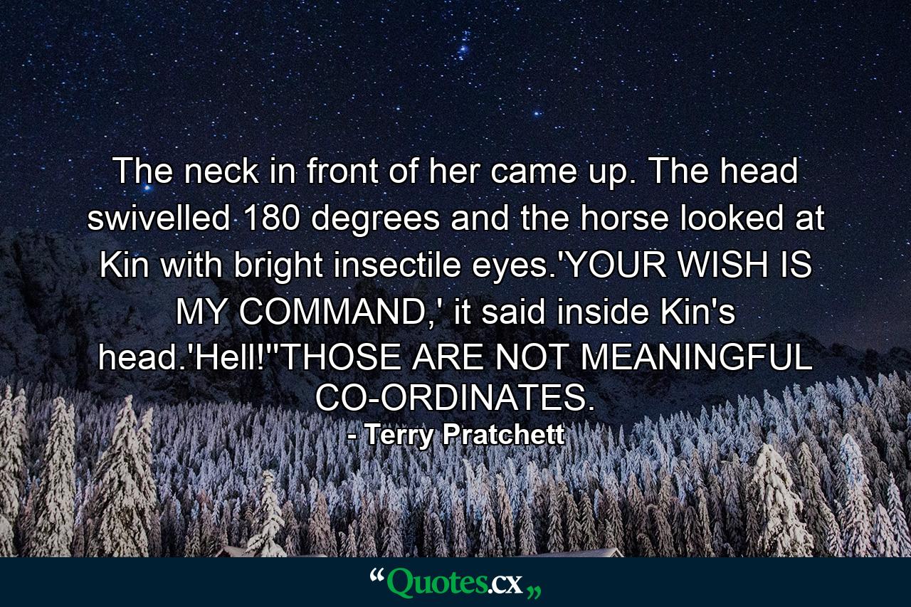 The neck in front of her came up. The head swivelled 180 degrees and the horse looked at Kin with bright insectile eyes.'YOUR WISH IS MY COMMAND,' it said inside Kin's head.'Hell!''THOSE ARE NOT MEANINGFUL CO-ORDINATES. - Quote by Terry Pratchett