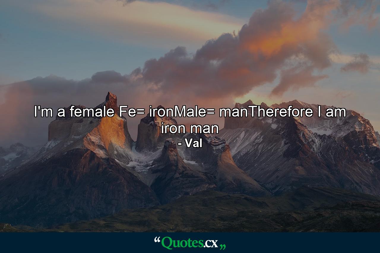 I'm a female Fe= ironMale= manTherefore I am iron man - Quote by Val