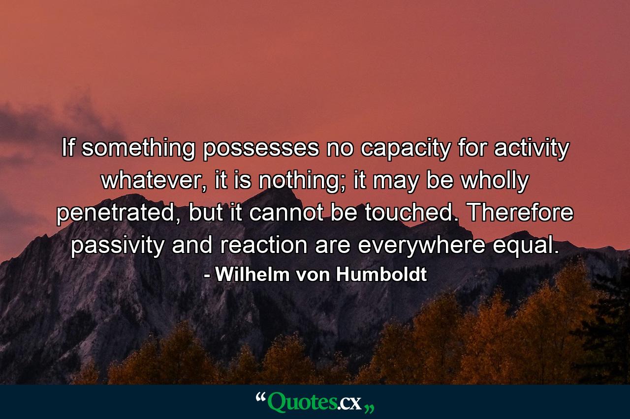 If something possesses no capacity for activity whatever, it is nothing; it may be wholly penetrated, but it cannot be touched. Therefore passivity and reaction are everywhere equal. - Quote by Wilhelm von Humboldt