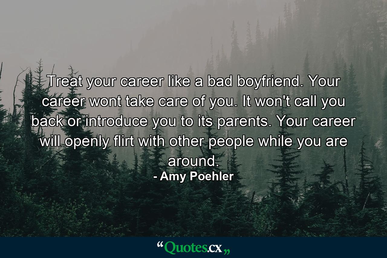 Treat your career like a bad boyfriend. Your career wont take care of you. It won't call you back or introduce you to its parents. Your career will openly flirt with other people while you are around. - Quote by Amy Poehler