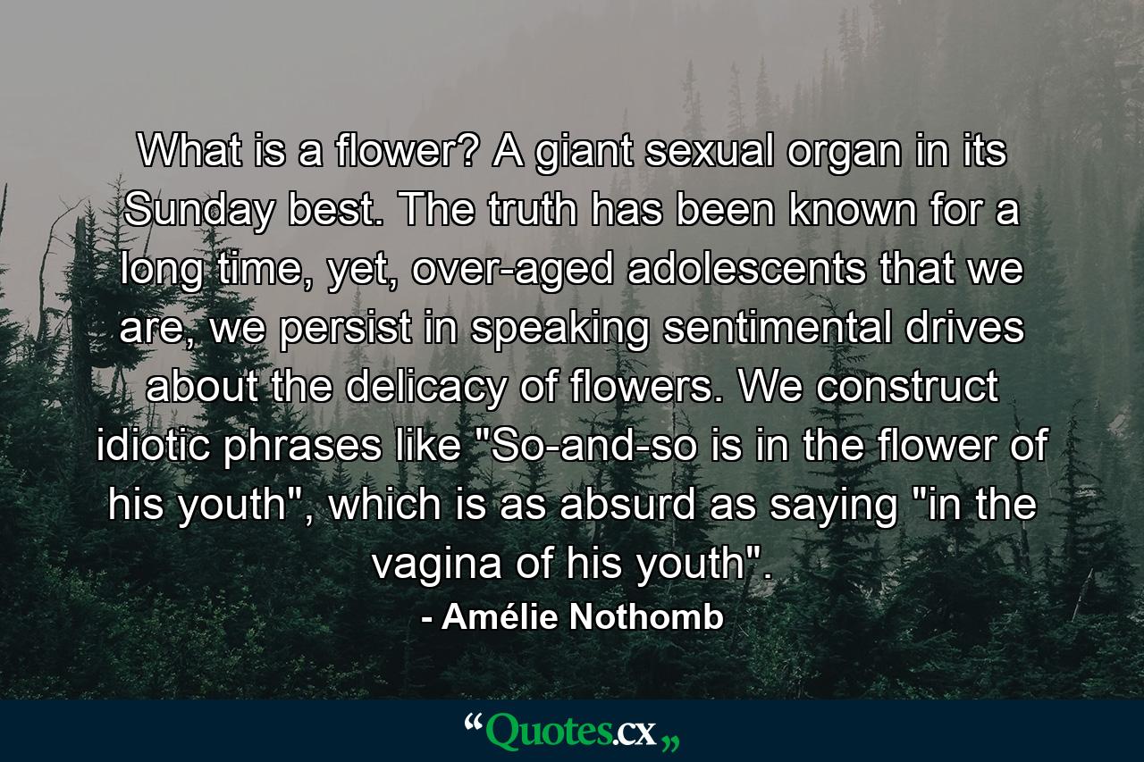 What is a flower? A giant sexual organ in its Sunday best. The truth has been known for a long time, yet, over-aged adolescents that we are, we persist in speaking sentimental drives about the delicacy of flowers. We construct idiotic phrases like 