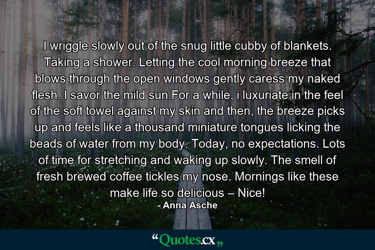 I wriggle slowly out of the snug little cubby of blankets. Taking a shower. Letting the cool morning breeze that blows through the open windows gently caress my naked flesh. I savor the mild sun.For a while, i luxuriate in the feel of the soft towel against my skin and then, the breeze picks up and feels like a thousand miniature tongues licking the beads of water from my body. Today, no expectations. Lots of time for stretching and waking up slowly. The smell of fresh brewed coffee tickles my nose. Mornings like these make life so delicious – Nice! - Quote by Anna Asche